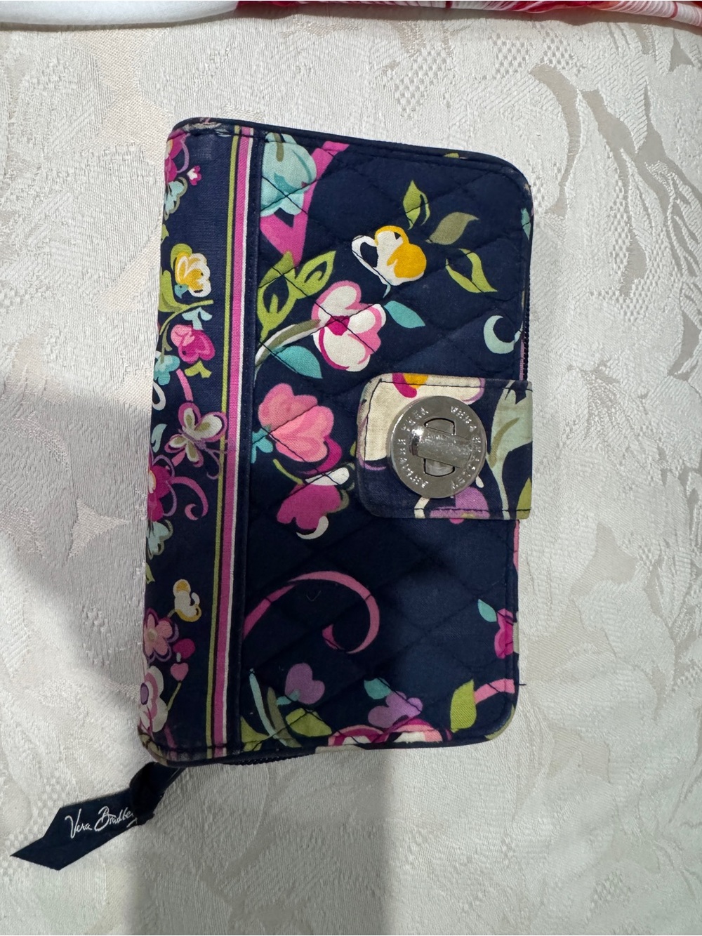 Vera Bradley Navy Quilted Floral Snap Wallet with Silver Hardware